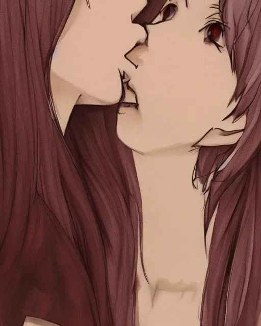 Image similar to portrait of a girl kissing another girl on the neck, anime, trending on Artstation