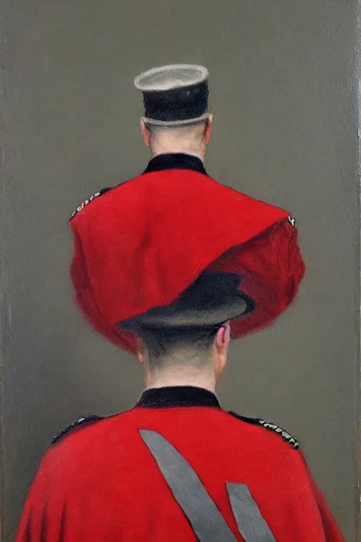 Image similar to ww 1 general wearing drab grey uniform, long red heroic cape on his back, oil on canvas