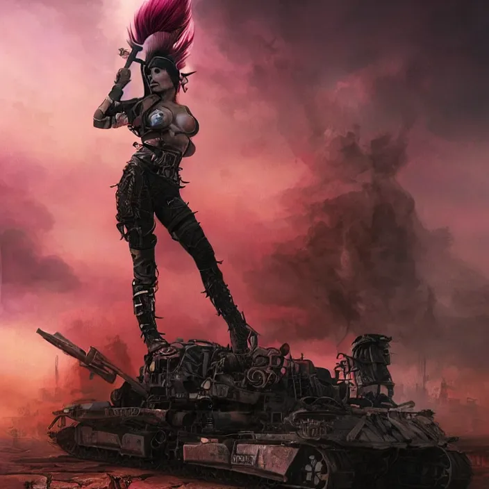 Prompt: beautiful apocalyptic woman with pink Mohawk, standing on mad max panzer tank, 4k ultra hd, fantasy dark art, tank girl, artgerm, concept art, artstation, octane render, elegant, detailed digital painting