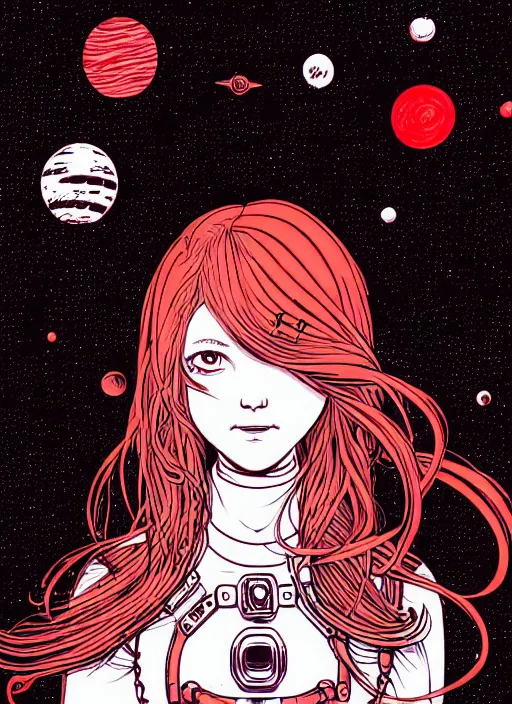 Prompt: highly detailed portrait of a hopeful pretty astronaut lady with a wavy blonde hair, by Geof Darrow, 4k resolution, nier:automata inspired, bravely default inspired, vibrant but dreary but upflifting red, black and white color scheme!!! ((Space nebula background))