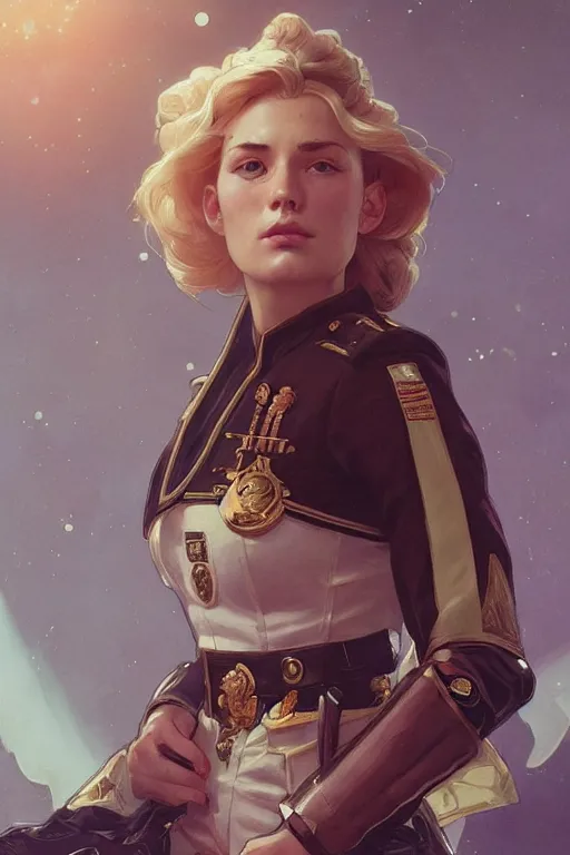 Image similar to beautiful portrait of a female officer wearing a fancy naval uniform, art by artgerm, wlop, greg rutkowski, alphonse mucha, science fiction, intricate detail, blonde hair, space background, trending on artstation, sharp focus, illustration, caustics, octane render, radiant light, 4 k