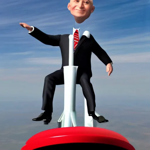 Image similar to A bald Tory Bruno in a suit, riding atop a rocket engine