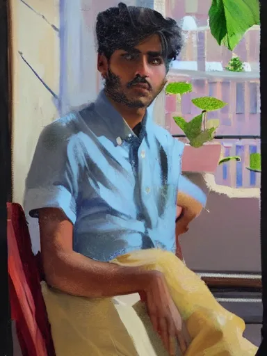 Image similar to artwork by saul leiter, of a solo individual portrait of an indian guy with lilies and roses, dapper, simple illustration, domestic, nostalgic, full of details, matte painting, trending on artstation and unreal engine