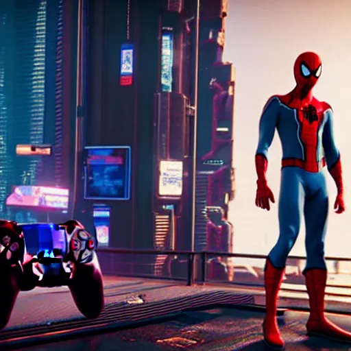 Image similar to futuristic spiderman ps 4 suit in cyberpunk 2 0 7 7, cyberpunk style spiderman, fantasy, d & d, elegant