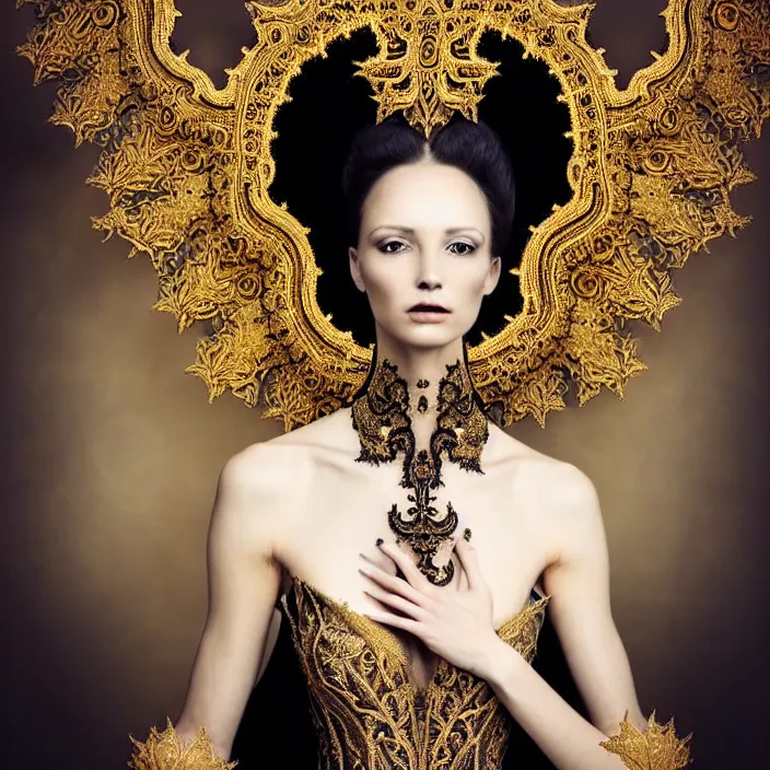 Image similar to photo portrait of a beautiful woman like a queen-dark -angel, dressed in long elegant intricate ornamental gold dress, intricate fractal ornament in the ,upper side of breast, bust with a very long neck , elegant, highly detailed intricate baroque ornament in her blond long hair, Realistic, Refined, Highly Detailed, Cinematic outdoor Lighting, fine art photography by Flora Borsi, volumetric lighting, natural colors scheme , hyper realistic photography