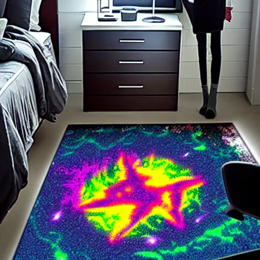 Prompt: Albedo texture of dark blacklight arcade carpet with colored shapes and outlines on it