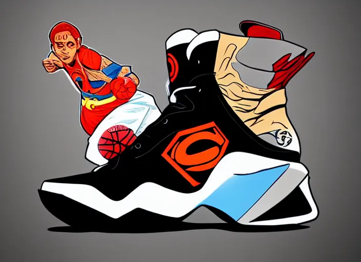 Prompt: basketball sneakers concept of super hero, trending on artstation, smooth, sharp focus