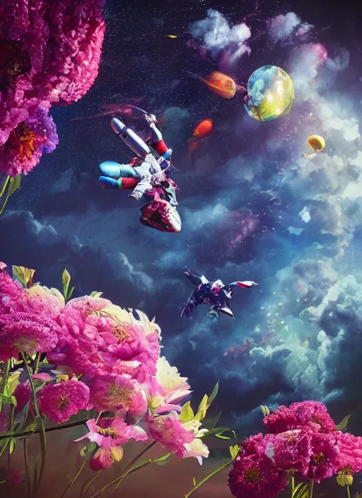 Image similar to An epic fantastic realism comic book style painting of the most beautiful flowers launched into space, bouquets, orbital,fisheye lens, unreal 5, DAZ, hyperrealistic, octane render, dynamic lighting