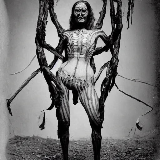 Image similar to 1860 photo of an old freak show body spider-woman, on the middle of a forest, spooky , veins, arteries, intricate, golden ratio, full frame, elegant, highly detailed, ornate, ornament, sculpture, elegant , luxury, beautifully lit, ray trace, 3d, PBR