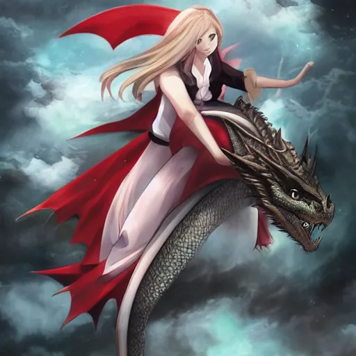 Image similar to a girl riding a dragon, the dragon is red, anime art, smooth, hd