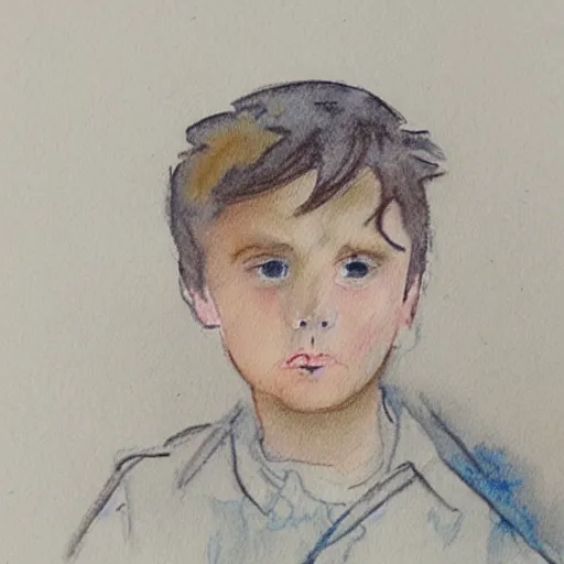 Prompt: watercolor, pencil, pen and ink on paper sketch of a boy in the style of the brandywine school of illustration