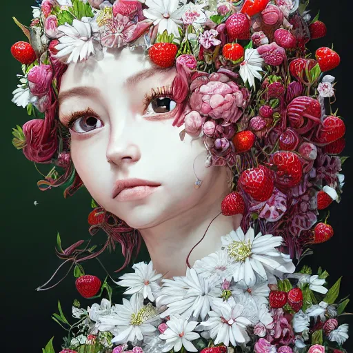 Image similar to the portrait of an absurdly beautiful, graceful, elegant, sophisticated, fashionable little girl made of strawberries and white petals looking down, an ultrafine hyperdetailed illustration by kim jung gi, irakli nadar, intricate linework, bright colors, octopath traveler, final fantasy, unreal engine 5 highly rendered, global illumination, radiant light, detailed and intricate environment