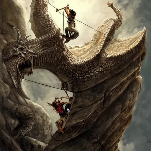 Image similar to rock climber climbing a giant ancient dragons skull, very detailed, fantasy art, dungeons and dragons, belaying, ropes, landscape, cover of national geographic