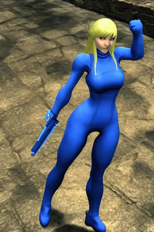 Image similar to in game footage of zero suit samus in skyrim, skyrim art style.