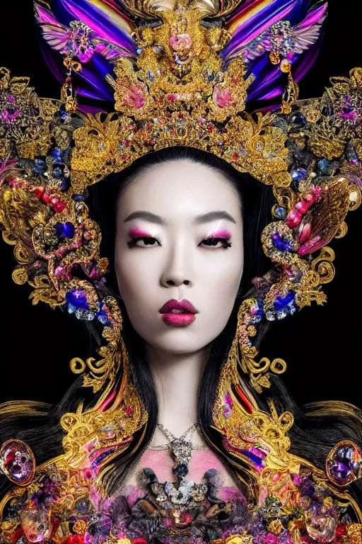 Image similar to a singular beautiful empress dramatic portrait, black hair, with a brilliant, impossible striking shiny big multi colored crystal headpiece, symmetrical, reflective surface, rainbow crystal clothes, rococo, baroque, jewels, asian, realistic, dramatic studio lighting, closeup, D&D, fantasy, intricate, elegant, highly detailed, digital painting, artstation, octane render, 8k, concept art, matte, sharp focus, illustration, art by Artgerm and Greg Rutkowski and Alphonse Mucha