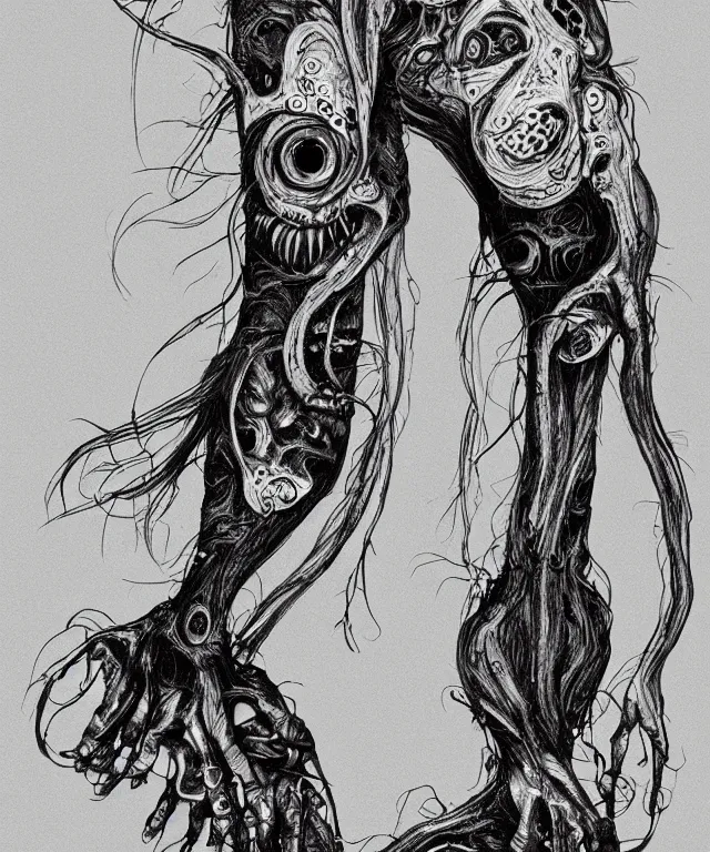 Image similar to black and white illustration, creative design, body horror, monster