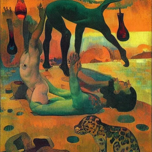 Prompt: floating psychedlic eldritch stream pyramid jaguar bottle feather lambrusco, by paul gauguin and edouard manet and karol bak, renaissance painting, cyberpunk, child's drawing