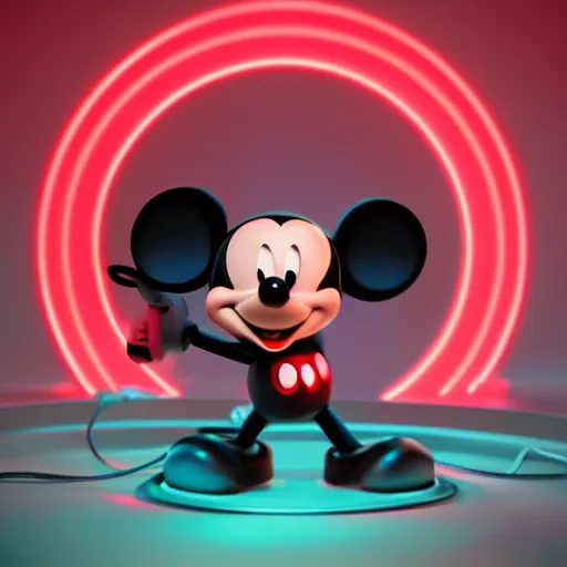 Image similar to render of mechanics operating mickey mouse in facility laboratory, with glowing red netflix logo, low light with only 1 mint and 1 red light, made by beeple, octane render, unreal engine, cinema 4 d, artstation, 4 k highly detailed art