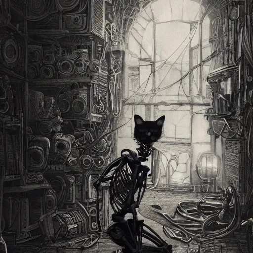 Image similar to skeleton wearing headphones, watching girl playing guitar while her black cat standing next to her, detailed intricate ink illustration, dark atmosphere, detailed illustration, hd, 4k, digital art, overdetailed art, by greg rutkowski, by loish, complementing colors, Trending on artstation