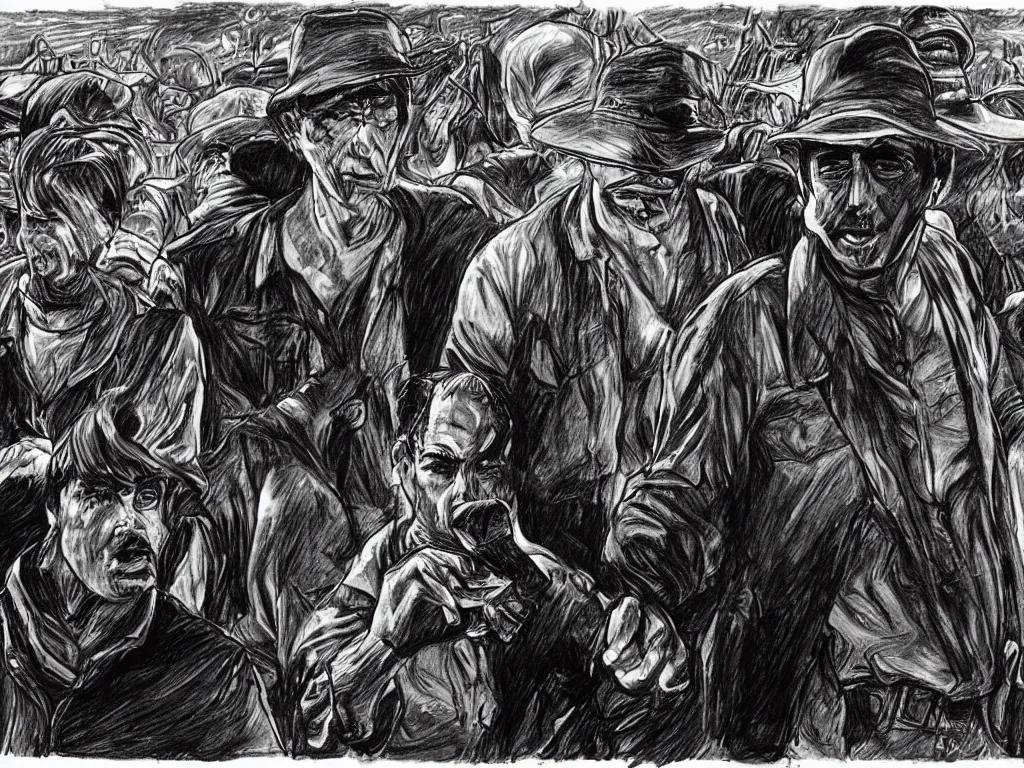 Prompt: i'll be all around in the dark - i'll be everywhere. wherever you can look - wherever there's a fight, so hungry people can eat, i'll be there. tom joad drawn by james e allen. dustbowl