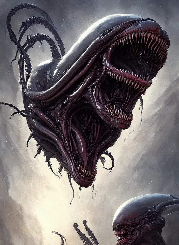 Prompt: a face portrait of a creature invoking fear, art by greg rutkowski, alien xenomorph, horror setting, dark lighting, matte painting, trending on artstation, very detailed