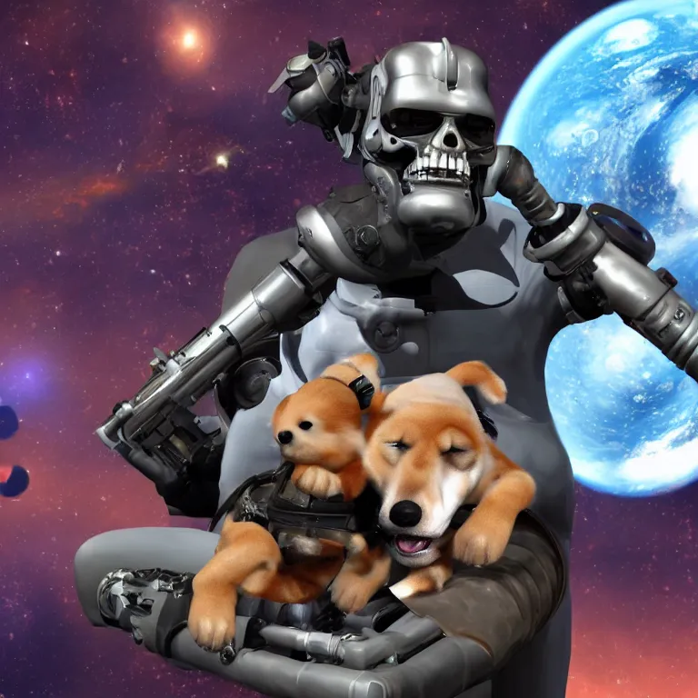 Image similar to t 8 0 0 terminator eating sandwich, hugging a cute puppy while surfing on a saxophone over rings of saturn in space, team fortress 2 sцcreenshot