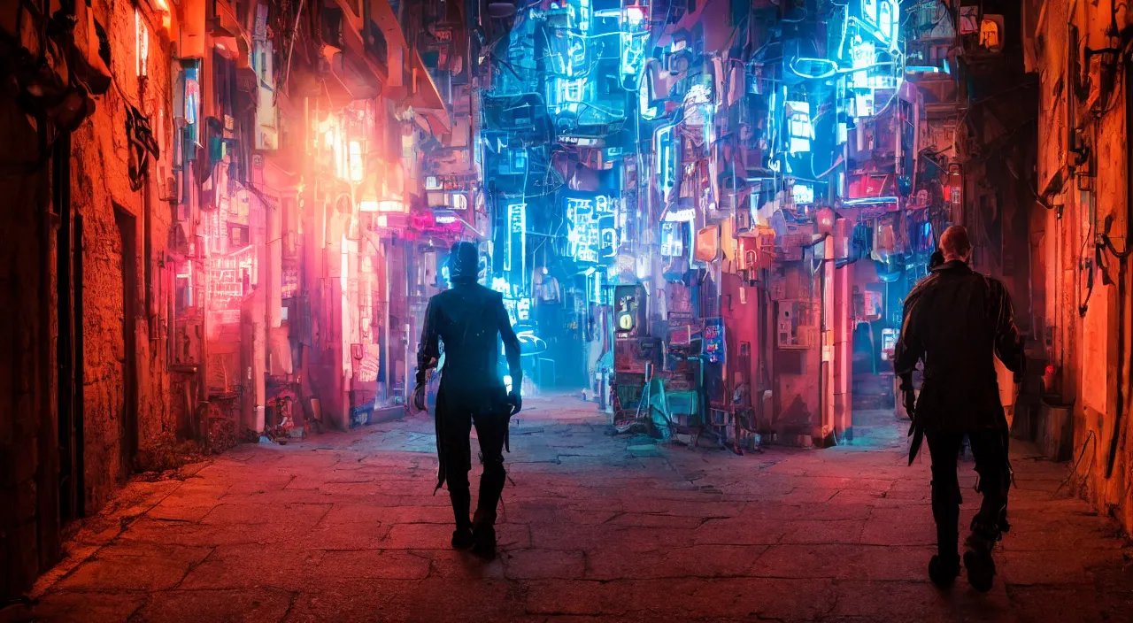 Prompt: a photo of a cyberpunk man walking in a medival village, the photo was taken from the ground looking up at the man's back, the man has glowing neon pink and blue lights on his back, ultra high detail.