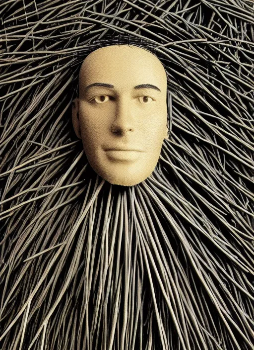 Image similar to realistic photo of a full - height model of human head made of black rubber realistic made of black clay, covered in very very long hay spikes needles, center straight composition, 2 0 0 0, life magazine photo, museum archival photo