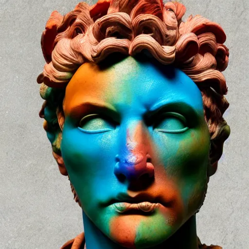 Prompt: beautiful epic intricate colourful marble warrior sculpture by michelangelo buonarroti and by gian lorenzo bernini, colourful colour paint splashes, covered in corals, 8 k render