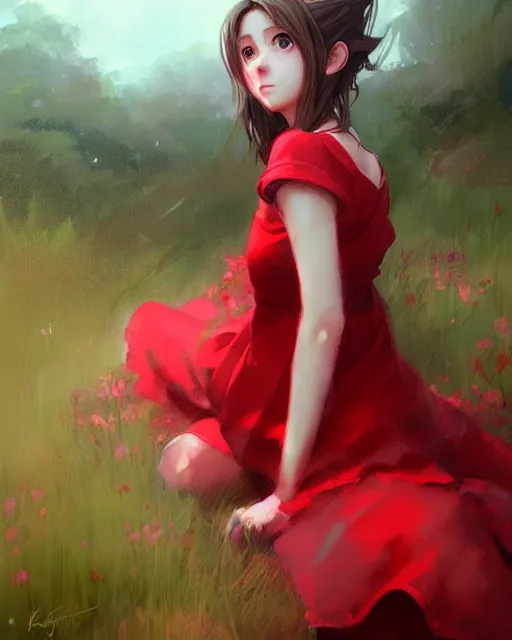 Prompt: aerith gainsborough in red cottagecore dress, portrait, illustration, rim light, top light, overcast cloudy weather, perfectly shaded, soft painting, art by krenz cushart and wenjun lin