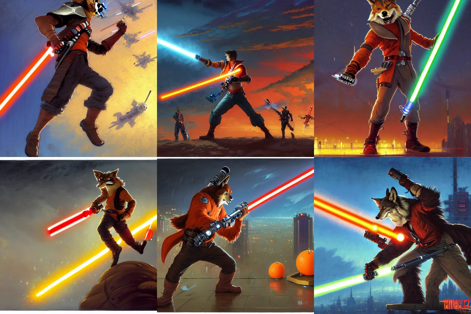 Prompt: a anthropomorphic coyote Jedi wielding a lightsaber with an orange blade fighting a anthropomorphic wolf Jedi wielding a lightsaber with a red blade on top of a blimp that is flying above a cyberpunk city at night while it rains. Renowned character illustration by greg rutkowski, thomas kindkade, alphonse mucha, loish, norman rockwell. Trending on Artstation.