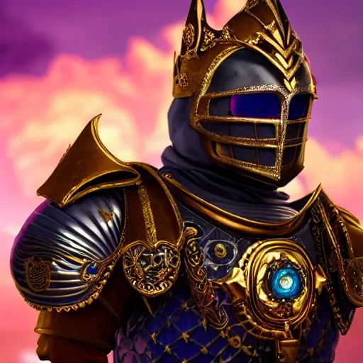 Image similar to a highly detailed knight with glowing purple eyes in a T golden helmet and a golden crown with a blue diamond in the center, golden armor, leather clothes under the armor, leather gloves, holds a black sword, artstation, DeviantArt, professional, octane render, sunset lighting