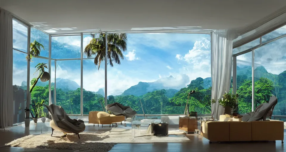 Image similar to looked at big window, architectural, mountains in background, cloud forest in background, tropical, sunny day time, clear sky, living room, furniture, IKEA catalogue, futuristic, ultra realistic, ultra detailed, cinematic light, anamorphic, by Paul Lehr