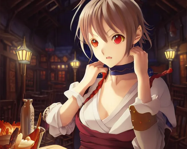 Prompt: anime visual, portrait of a young female in a busy fantasy medieval tavern interior at night, cute face by yoh yoshinari, murata range, last exile, blue submarine no 6, dynamic pose, dynamic perspective, detailed silhouette, rich texture, seven deadly sins anime, anime cels, matte color, flat lighting, rounded eyes