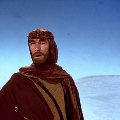 Prompt: peter o'toole as muadib, film still, 7 0 mm, lawrence of arabia, dune