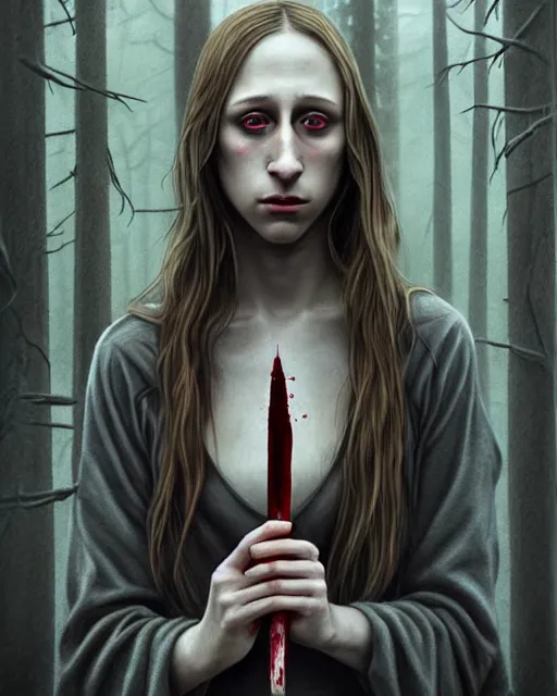 Image similar to gorgeous Taissa Farmiga full body slasher killer holding bloody knife, realistic character concept, spooky, illustration, symmetrical face and body, realistic eyes, cinematic lighting, hyperdetailed, detailed realistic symmetrical eyes, 8k, high resolution, Charlie Bowater, Tom Bagshaw, single face, insanely detailed and intricate, beautiful, elegant, dark forest and trees, vfx, postprocessing