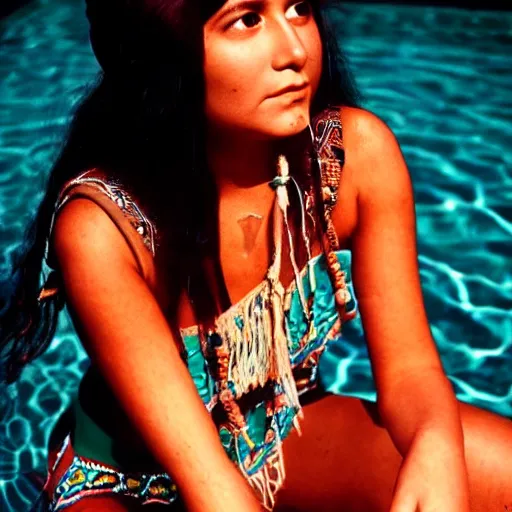 Image similar to clear photo of a beautiful and young female singer of native american descent taken in 1 9 7 6, high quality, highly detailed 7 0 s style photography, long dark hair, elegant pool, trending on pinterest, aesthetically beautiful, elegant, studio photography