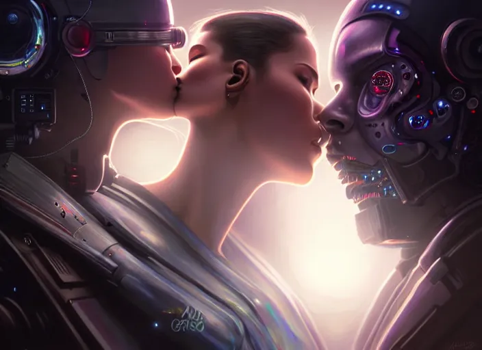 Image similar to ultra realistic medium shot of a couple of cyborgs kissing, lovers, cyberpunk, sci - fi, kodak, faces, colour led, soft light, volumetric lighting, fog, rays, night, intricate detailed, digital painting, concept art, smooth, sharp focus, illustration, art by artgerm and greg rutkowski and alphonse mucha