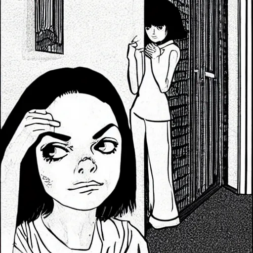 Image similar to Mila Kunis looks to her right at a door leaking black ink onto the floor by Junji Ito