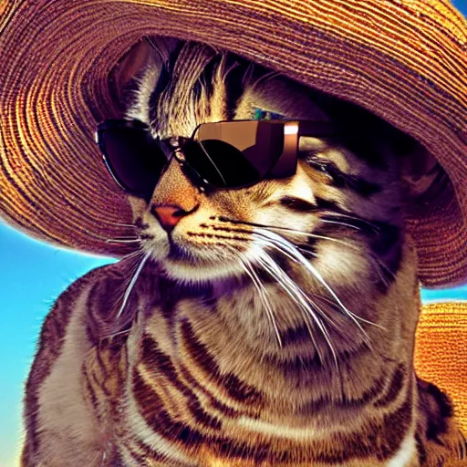 Prompt: photo of ergypcian mau cat wearing sunglasses and hat