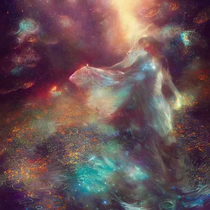 Prompt: glimmering whale, flowing dress, flowers, cosmos, milky way galaxy, swirling, dancing, golden hour, god rays, coral reef, dreamscape by artgerm and ruan jia and ismail inceoglu and greg olsen, masterpiece, beautiful, intricate, elegant, highly detailed