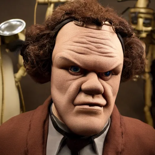 Image similar to animatronic John C. Reilly, exposed mechanics, photo, Stan Winston studios, detailed, 4k