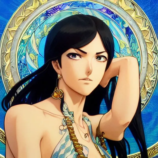 Image similar to highly detailed vfx portrait of nico robin by eiichiro oda!, makoto shinkai, alphonse mucha, sharp focus, art by artgerm and greg rutkowski!, harsh overhead sunlight, blue eyes!!, large aquiline nose!!, stanley kybric, kaoru mori, intricately detailed,