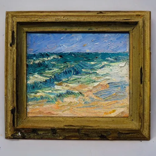 Image similar to oil paint impasto relief, beautiful italian beach scene, rough sea, multi layered thick brush marks, some splattered paint, in the style of ivan shishkin and frank auerbach and van gogh