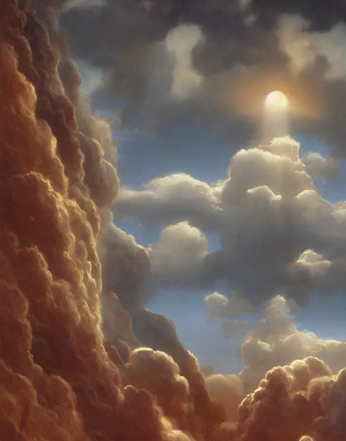 Image similar to Gates of heaven in the clouds by ralph mcquarrie, concept art, ultra realistic, super detailed, photorealistic, cinematographic, epic lighting, religious