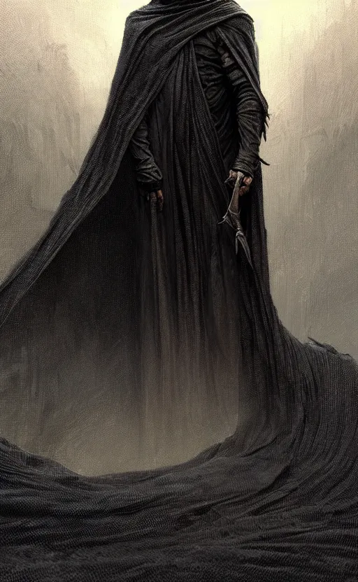 Image similar to Thin roguish man wearing a black cloak made of very thousands of thin strips of cloth that decay into mist, fantasy, highly detailed, digital painting, artstation, concept art, smooth, sharp focus, illustration, art by artgerm and greg rutkowski and alphonse mucha