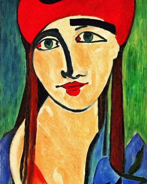 Prompt: a painting of a woman with a red hat, an art deco painting by gabriele munter, featured on deviantart, naive art, fauvism, picasso, cubism