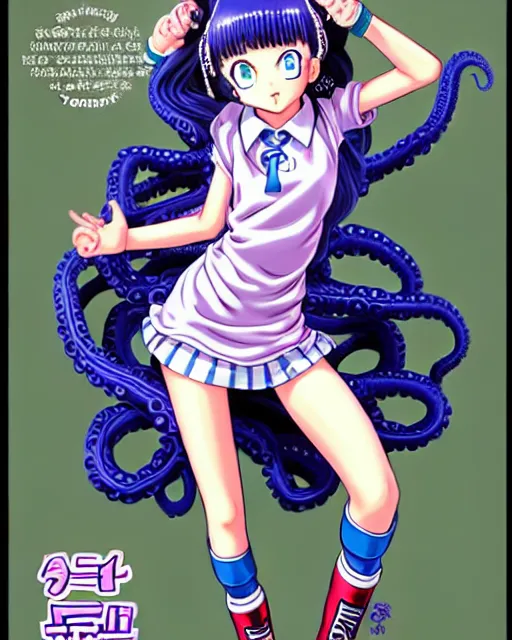 Image similar to a pretty teenage girl as a cute prep highschool student is thrilled to be enveloped clawed tentacles. 3D shadowing effect, ultra ornate detail. masterfully illustrated by Akira Toriyama and Mina Petrovic and Range Murata.