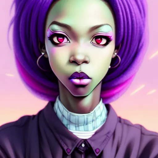 Image similar to portrait of a black anime manga girl, french bob hair, white hair, purple eyes, by artgerm, james jean, tom bagshaw, gerald brom, vaporwave colors, lofi colors, vaporwave, lofi, goth vibe, 4 k, smooth, hd, substance designer render, full body character concept art, symmetrical, 2 point lighting,