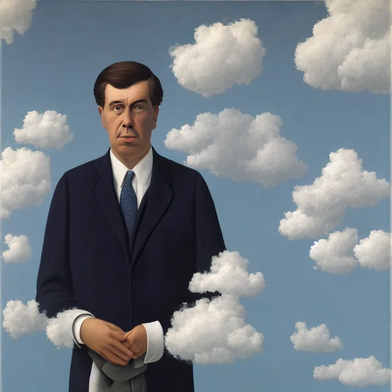 Image similar to portrait of a man made out of clouds in a suit, by rene magritte, detailed painting, hd, hq, high resolution, high detail, 4 k, 8 k